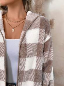 SHEIN LUNE 女士休闲格纹落肩宽松连帽毛绒夹克，秋冬 - 杏色 - 查看 7