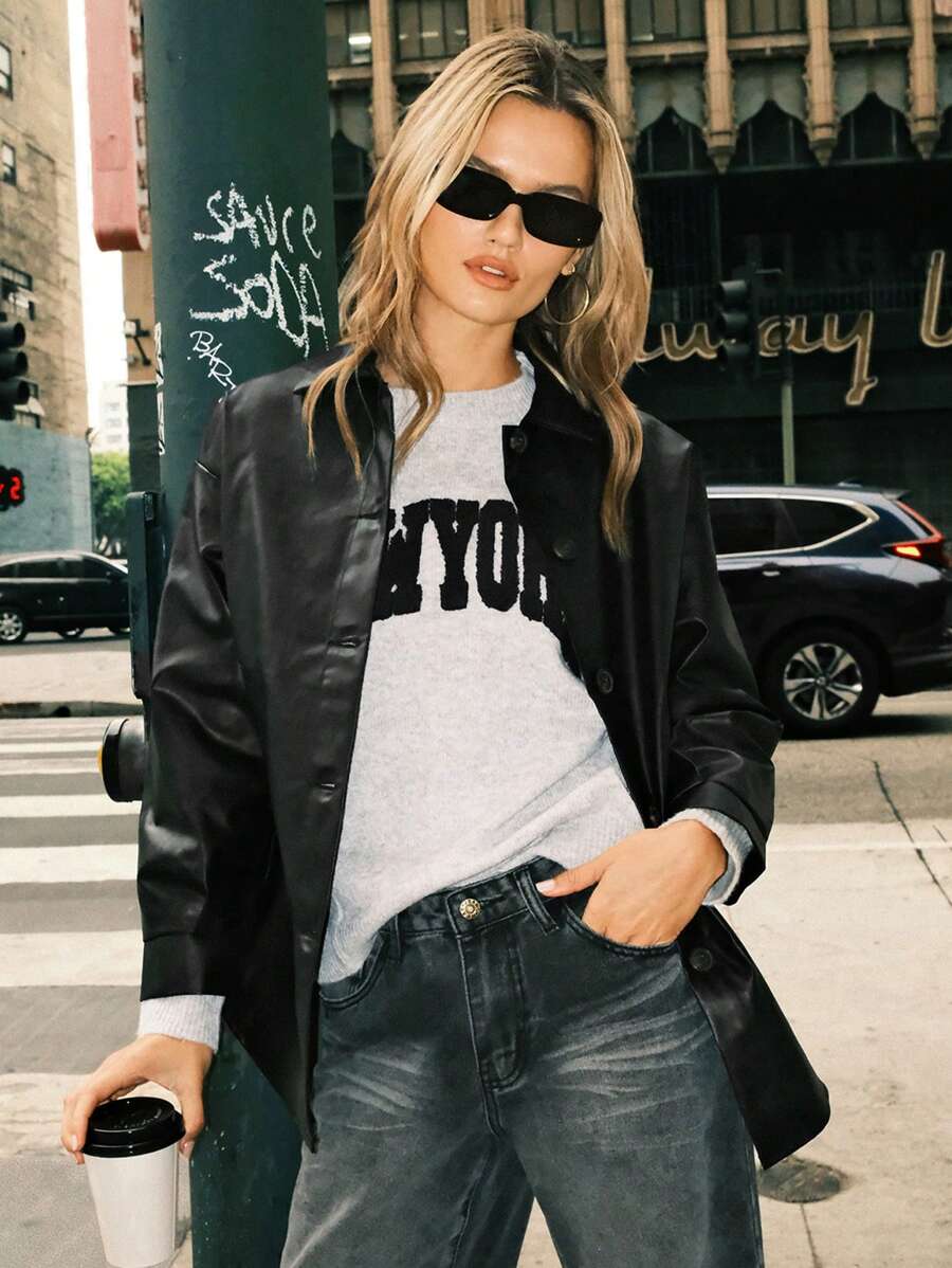 Muchica Abrigo PU con botón de hombros caídos