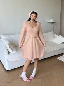 Flirla Vestido de Suéter Acampanado con Cuello en V Elegante de unicolor Talla Grande, Otoño/Invierno