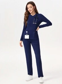SHEIN TaskFit 纯色 V 领口袋长袖上衣和紧身裤 护理手术服套装 V 领定制上衣和抽绳直筒休闲裤，手术服套装 手术服套装 护士连衣裙 手术服上衣 手术服下装 实验室外套 手术服外套 - 彩色 - 查看 5