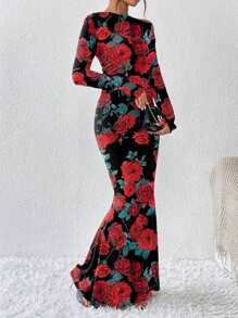 Chiquease 1 件玫瑰印花不对称肩部褶皱鱼尾长袖连衣裙新年衣服长款女装 - 紅色 - 查看 5