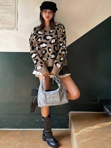 DAZY Women's Business Casual Street Style Leopard Print Drop Shoulder Loose Pullover Sweater Cheetah Print,Fall Clothes - Multicolor - View 2