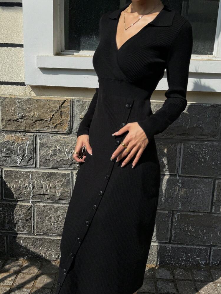 V-Neck Black Asymmetrical Button Detail Mid-Length Ladies Sweater Dress,Fall Clothes