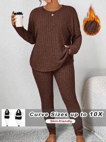 SHEIN CURVE+ 2 件套女士加大码纯色纹理面料休闲风格圆领长袖 T 恤和紧身裤，秋季服装 - 摩卡棕 - 查看 3