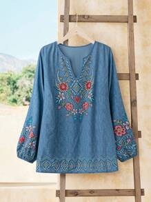 Rusticease Plus Size Women's Denim Effect Floral Print V-Neck Long Sleeve Shirt, Winter