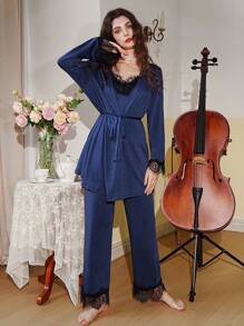 Côtesoire Contrast Lace Cami Top And Pants With Belted Robe Pajama Set Holiday Season, Fall Winter Clothes - Blue - View 5