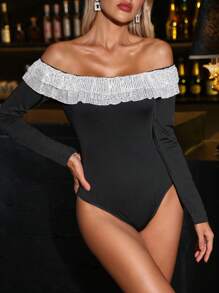 Zolique 女士秋季时尚优雅亮片荷叶边露肩紧身衣 - 黑色 - 查看 4