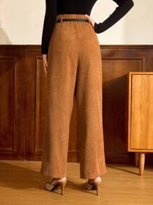 Vintamour 复古优雅高腰条纹女式休闲工作直筒裤，配腰带和口袋，老式风格，新年外出，女士情人节 - 棕色 - 查看 6