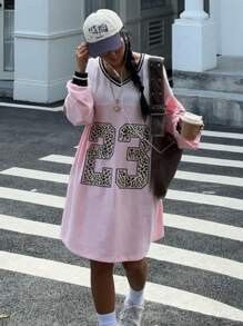SHEIN EZwear 女士新款豹纹印花和数字图案运动衫连衣裙 - 粉色 - 查看 5
