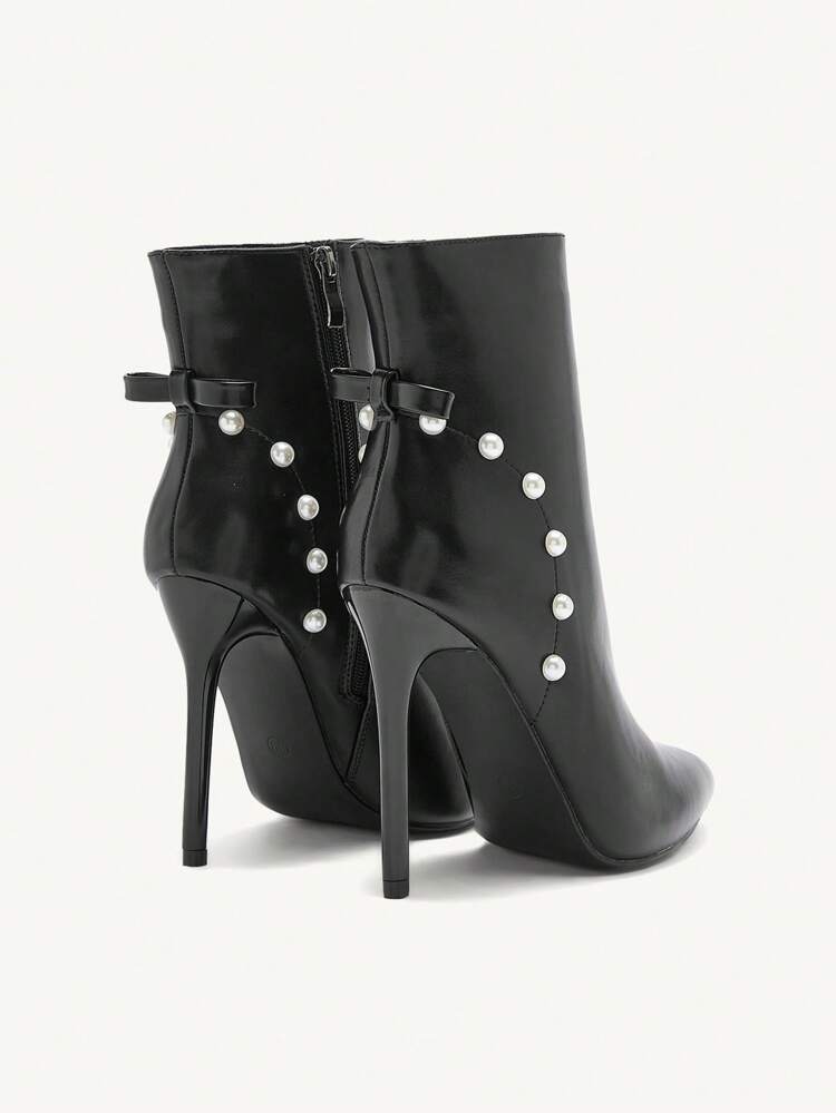 CUCCOO CHICEST Women's Pointed Toe Pearl Decor Bow Elegant High Heel Ankle Boots