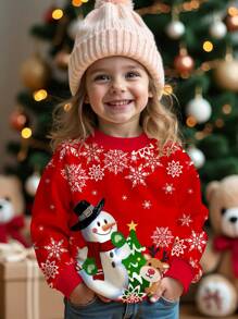 SHEIN Leap Crew Áo nỉ dệt kim dài tay cổ tròn thoải mái, dễ thương, họa tiết bông tuyết màu đỏ dành cho bé gái, thích hợp cho mùa thu đông - Nhiều màu - Xem 1