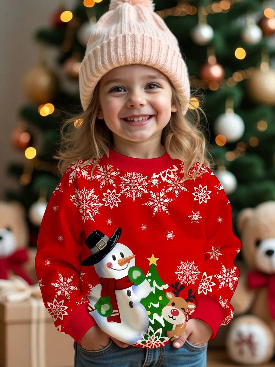 SHEIN Leap Crew Áo nỉ dệt kim dài tay cổ tròn thoải mái, dễ thương, họa tiết bông tuyết màu đỏ dành cho bé gái, thích hợp cho mùa thu đông - Nhiều màu - Xem 1