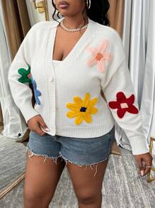 Slaydiva Cardigan tricoté ample à encolure en V, décoré de fleurs 3D colorées et amusantes, en tailles plus, pour l'automne/l'hiver