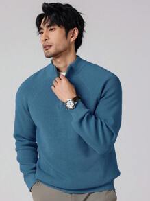Manfinity Homme 1pc Men Plain Front Zipper Long Sleeve Minimalist Sweater, Casual Everyday Wear, For Fall Winter - Blue - View 4