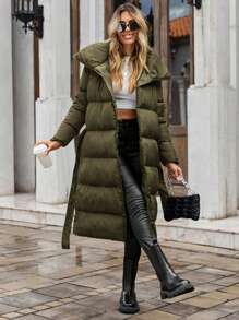 EURMUSE Solid Color Belted Long Padded Jacket For Women - Green - View 1