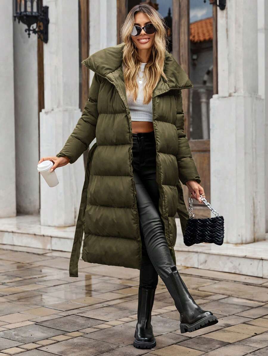 EURMUSE Solid Color Belted Long Padded Jacket For Women - Green - View 1