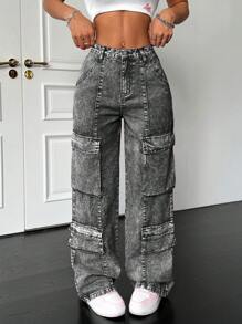 SHEIN PETITE PETITE Women's Baggy Wide Leg Jeans, Sexy Design,Cargo Women Pants,Hot Pinks Pants,Homecoming Pants,Baggy Jeans,Baggy Women Jeans,Low Rise Jeans - Dark Grey - View 5