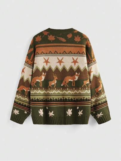 Fairycore Crew Neck Geometric And Animal Print Casual Long Sleeve Pullover Sweater
