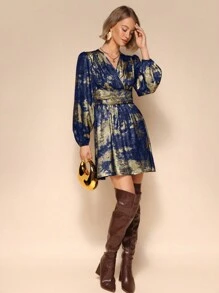 Calvaya Vestido corto casual, vintage y elegante de mujer con cuello en V, manga larga y pliegues
