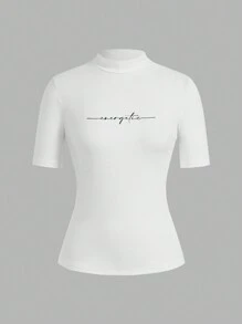 SHEIN EZwear 2pcs Women Set Consisting Of Turtleneck Form-Fitting Long Sleeve T-Shirt With English Text