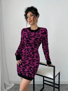 Elenzga Women's Casual Chic Leopard Print Backless Bodycon Dress, Autumn & Winter Fall Cloth For Women - Purple - View 4