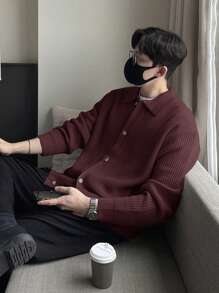 DAZY Burgundy Button-Front Casual Cardigan For Men, Suitable For Everyday Wear, Autumn Jacket - Burgundy - View 2