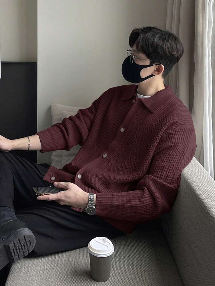 Burgundy Button-Front Casual Cardigan For Men, Suitable For Everyday Wear, Autumn Jacket