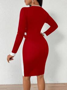 Lyxana Women Elegant Fashion Color Block Round Neck Long Sleeve Dress