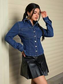 SHEIN EZwear Women's Casual Patch Pocket Single Breasted Denim Shirt