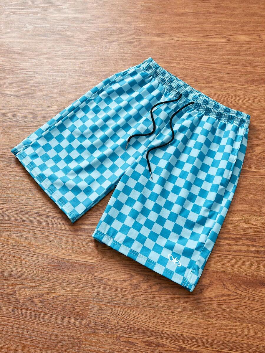 Manfinity Sport Corelite Boyfriend Style Men's Simple Plaid Lace-Up Front Sports Shorts, Casual Daily Wear - Green - View 1