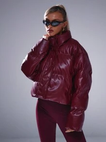 Musera Sport 高领超大款亮面绗缝外套，适合板式网球、网球、匹克球运动 - 紅色 - 查看 1