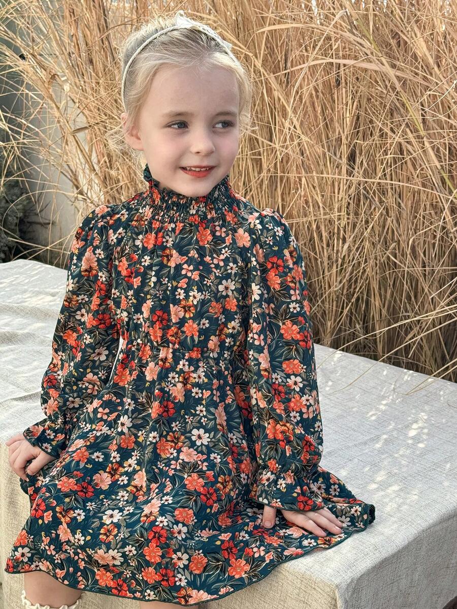 SHEIN LMoss Kids Váy ren tay bèo nhún họa tiết hoa bụi bặm LMoss Young Girl dành cho bé gái và bé gái - Nhiều màu - Xem 1