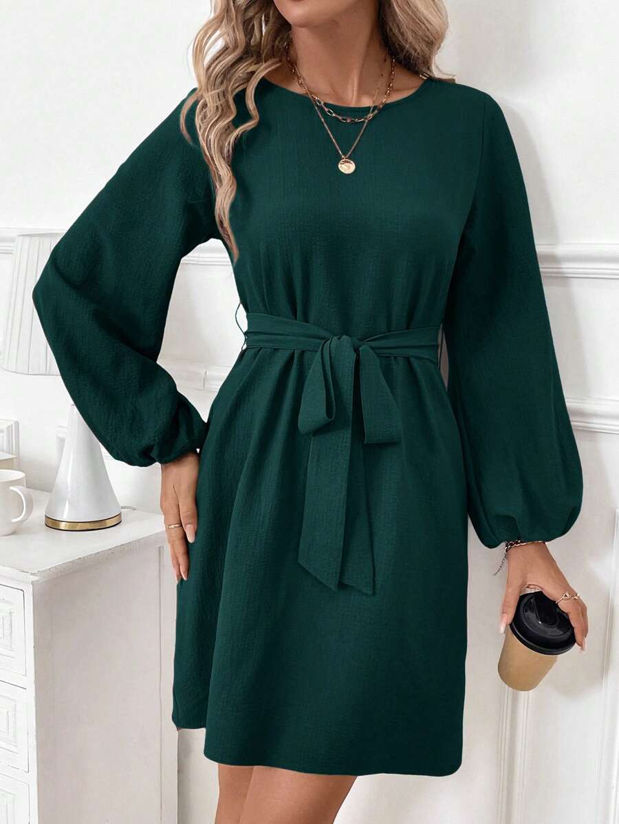 SHEIN Clasi Damen braunes Rundhalsausschnitt Puff Ärmel Kleid mit geraffter Taille und Schleife, elegante Mode passend für Frühling/Herbst/Winter, vielseitiges All-Match Outfit für Pendeln, Lässig Wear und Lehre - Dunkelgrün - Übersicht 1