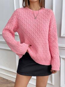 Chiquease Women Round Neck Floral Chiffon Twist Rope Mid-Length Sweater, Autumn/Winter Knit Pullover Fall Outfit - Pink - View 6