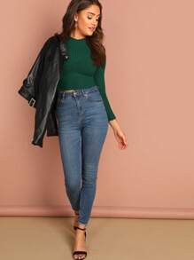 SHEIN Essnce 女士纯色蕾丝边长袖休闲上衣 - 墨綠色 - 查看 4