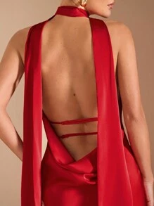 SHEIN BAE 1 件女式性感露背系带美人鱼下摆深 V 领无袖连衣裙，适合鸡尾酒会、浪漫约会、秋冬分层、派对、婚礼伴娘、夜间外出、万圣节、圣诞节 - 紅色 - 查看 2