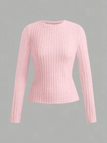 SHEIN EZwear Paquete de 3 camisetas ajustadas de cuello de equipo acanalado para mujer, nueva llegada para otoño/invierno