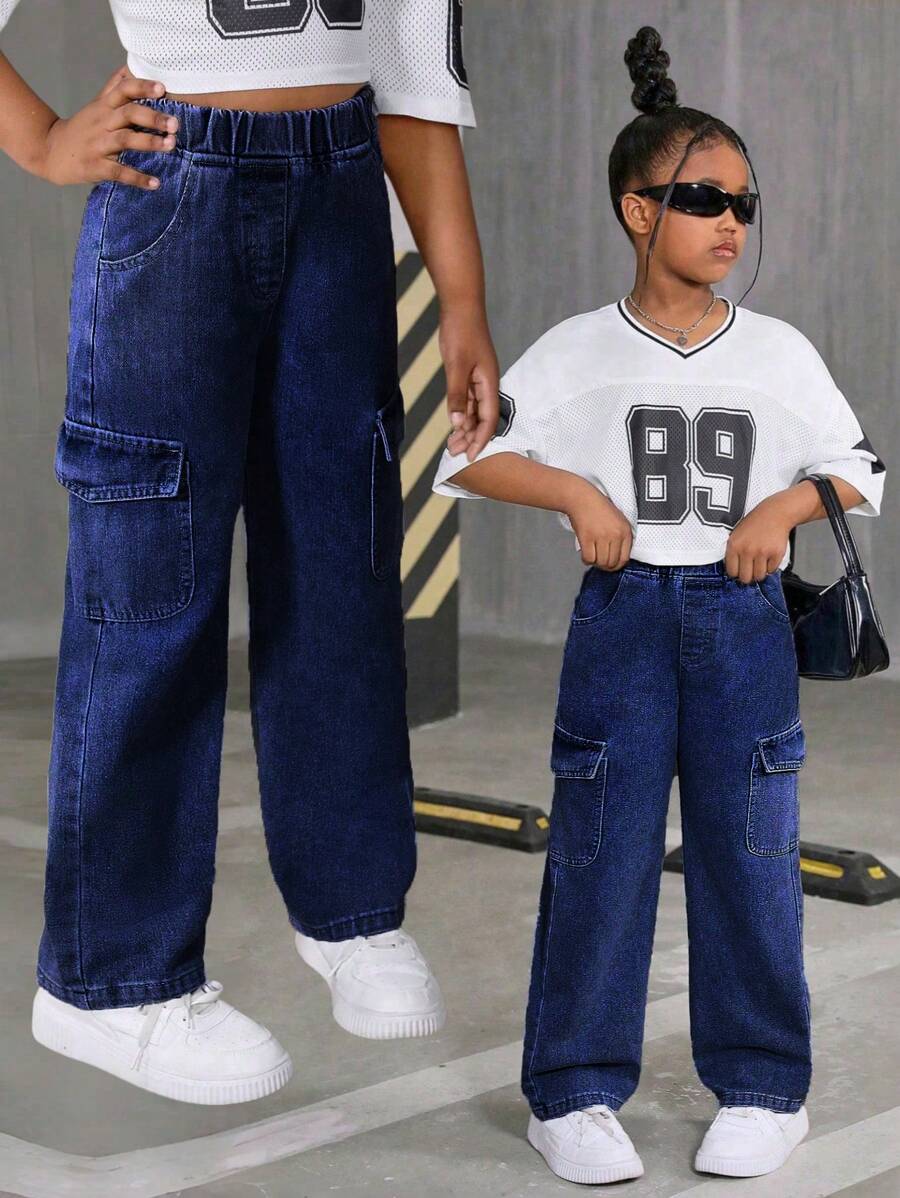 SHEIN Sparklyn Tween Girl Casual Versatile All-Match Loose Wide Leg Washed Denim Cargo Pants Summer Holiday - Dark Wash - View 1