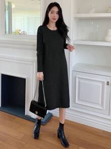 DAZY Women Solid Color Crew Neck Sweater Dress, Casual For Daily Wear, Autumn/Winter,Fall Women Clothes