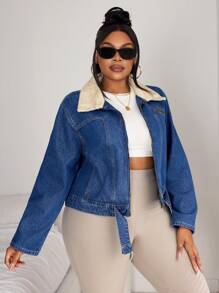 SHEIN SXY Plus Size Casual Open Front Zip-Up Christmas Women Thanksgiving Women Denim Jacket - Blue - View 3