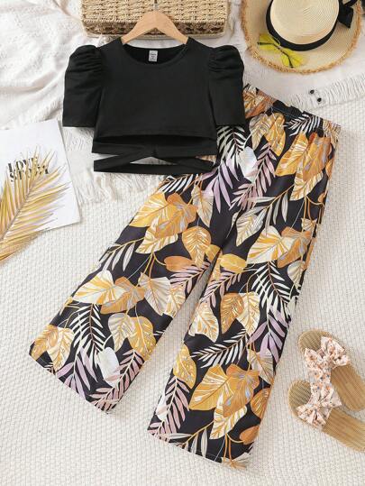 SHEIN Holiday,Summer,Travel2pcs Set Tween Girl Casual & Simple Round Neck Short Sleeve Top And Wide Leg Pants, Summer