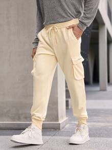 Manfinity Homme Men's Elastic Waist Jogger Cargo Sweatpants , 3D Cargo Pocket Embroidered Khaki Trousers ,Fall Men Clothes