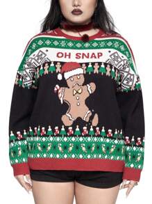 ROMWE Cute Christmas Retro Gingerbread & Snowflake Intarsia Knit Loose Fit Plus Size Pullover Sweater, For Winter - Multicolor - View 5