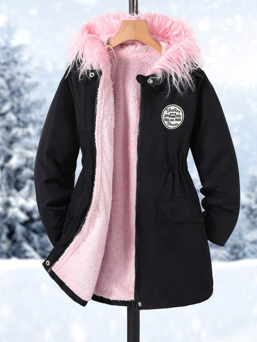 Tween Girl Pink Furry Collar Black Parka Fluffy Lined Outerwear - Black - View 1