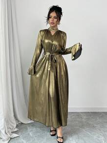 Chiquease Vestido de mujer con cuello en forma de ojal, mangas acampanadas y tela recubierta - Dorado - Ver 5