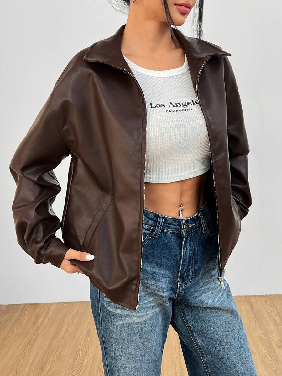 SHEIN PETITE Drop Shoulder Zip Up PU Cropped Leather Jacket