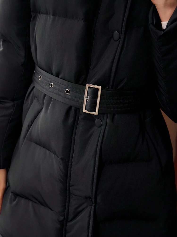 SOLID SLANT POCKET BUCKLE BELTED LONG PADDED COAT