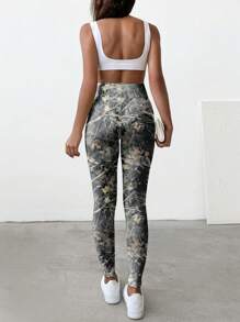 Muchica Casual Minimalist Autumn Dead Tree Branch Print Knit Leggings For Women, Skinny Fit Long Pants, Suitable For Autumn/Winter