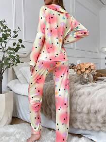 1 set Hauts à manches longues et pantalons Pyjama avec imprimé dégradé nuage pour femmes