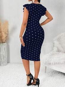 SHEIN Lady Four Season Office Dress White Polka Dot Elegant Knitted Sleeveless Ruffle Women's Dress